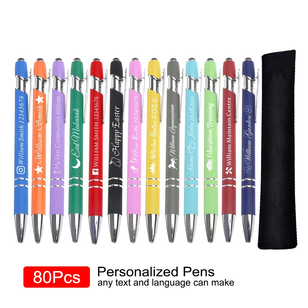 80Pcs Personalized Pen Engraved Rubber Metal Pens Customize Company Logo Baby Shower Baptism School Touch Screen Decoration