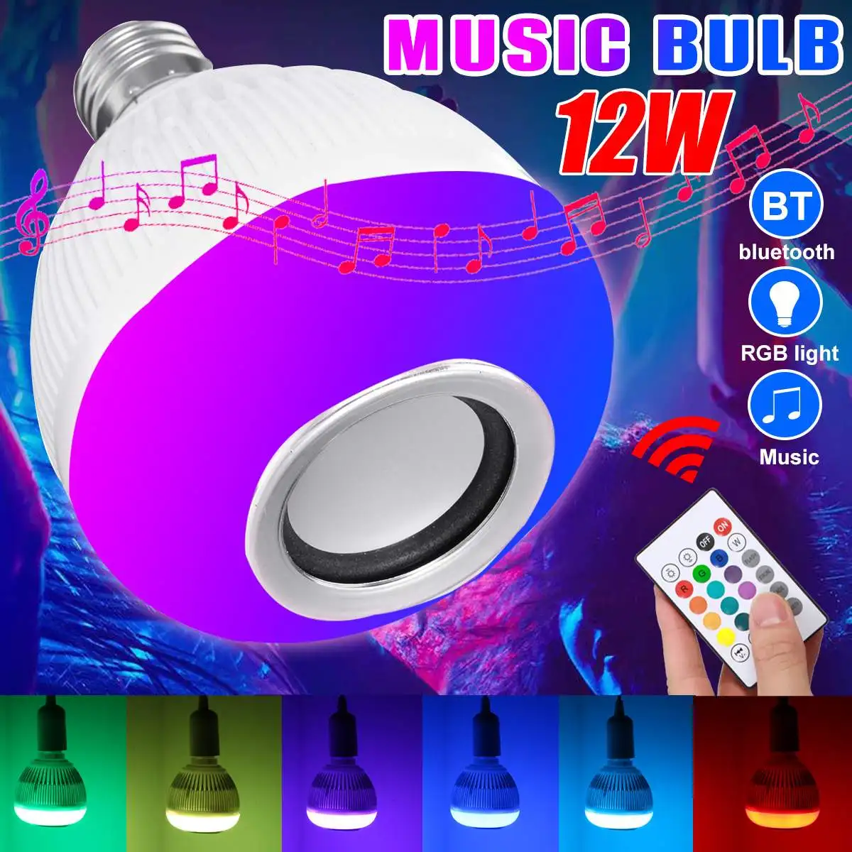 

Bluetooth-лампочка с динамиком, Светодиодная лампа E27 с регулируемой яркостью, RGB-лампочка с дистанционным управлением для домашнего точечного о...