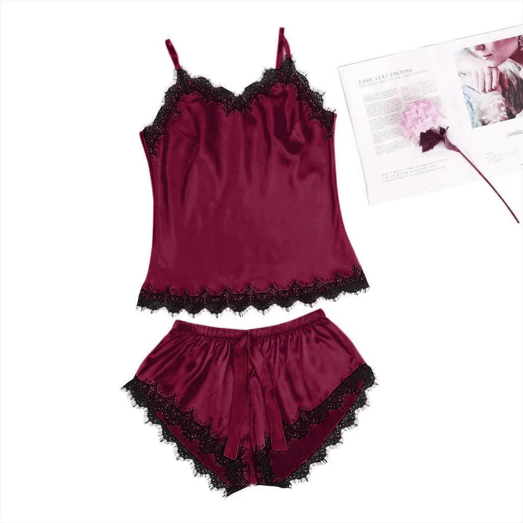 

Ladies Sexy Lace Sleeveless Strap Nightwear Lace Trim Satin Cami Top Home Service Bowknot Shorts Set pijama Mujer Encaje
