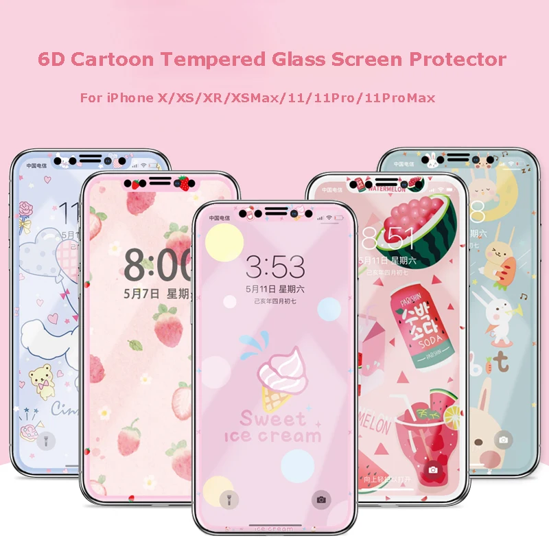 6D мультяшное закаленное стекло для защиты экрана iPhone 11 Pro Max X XS XR девочка Медведь