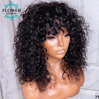 curly human hair wigs full machine made scalp top wig with bangs 180 density remy brazilian curly wig for women flowerseason