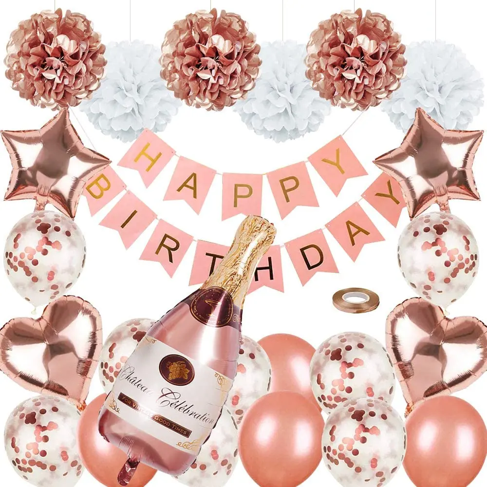 

Rose Gold Party Decorations Happy Birthday Confetti Balloons with Banner Paper Pompoms for 1st 18th 21st 30th 60th Decoration