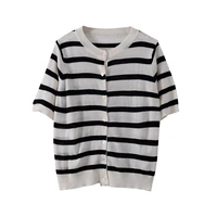 women knitted short sleeve striped t shirt summer clothing casual round neck slim button up fashion leisure cardigan top tee