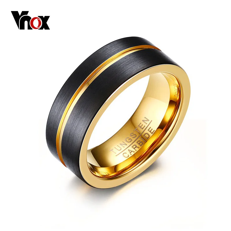 Vnox тонкие золотые-цвет линии кольцо для Для мужчин изделия 8 мм черный Вольфрам