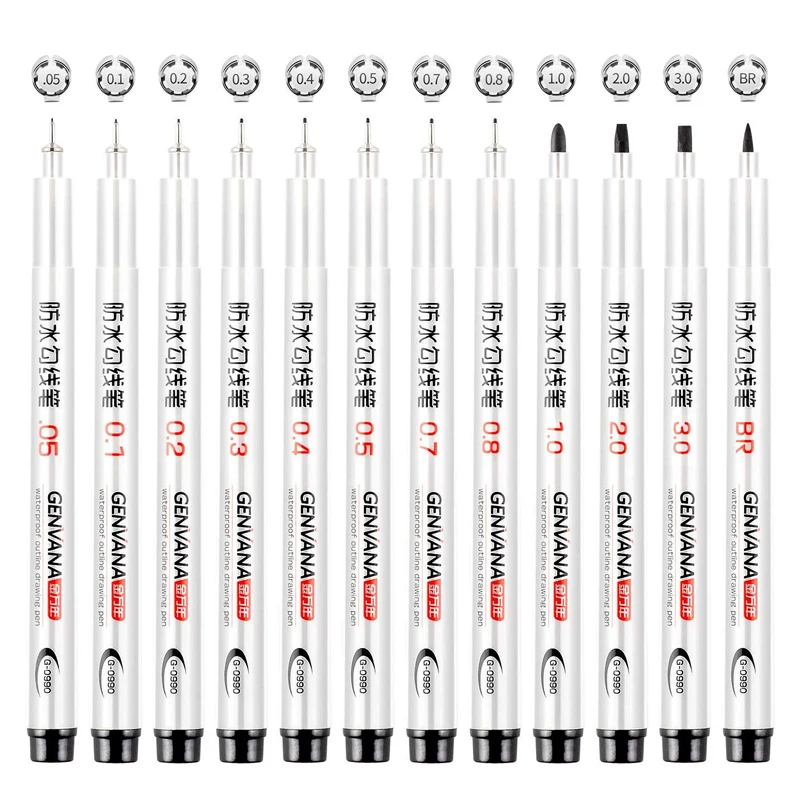 

Black Micro Pen Fineliner Ink Pens, Waterproof Archival Ink for Artist Illustration, Sketching, Technical Drawing, 12 Size