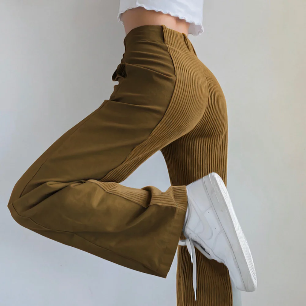 

Woman Baggy Straight Striped Pants Female Fashion Loose Casual High Waist Zipper Fly Pants Solid Streetwear Fall Corduroy Pants