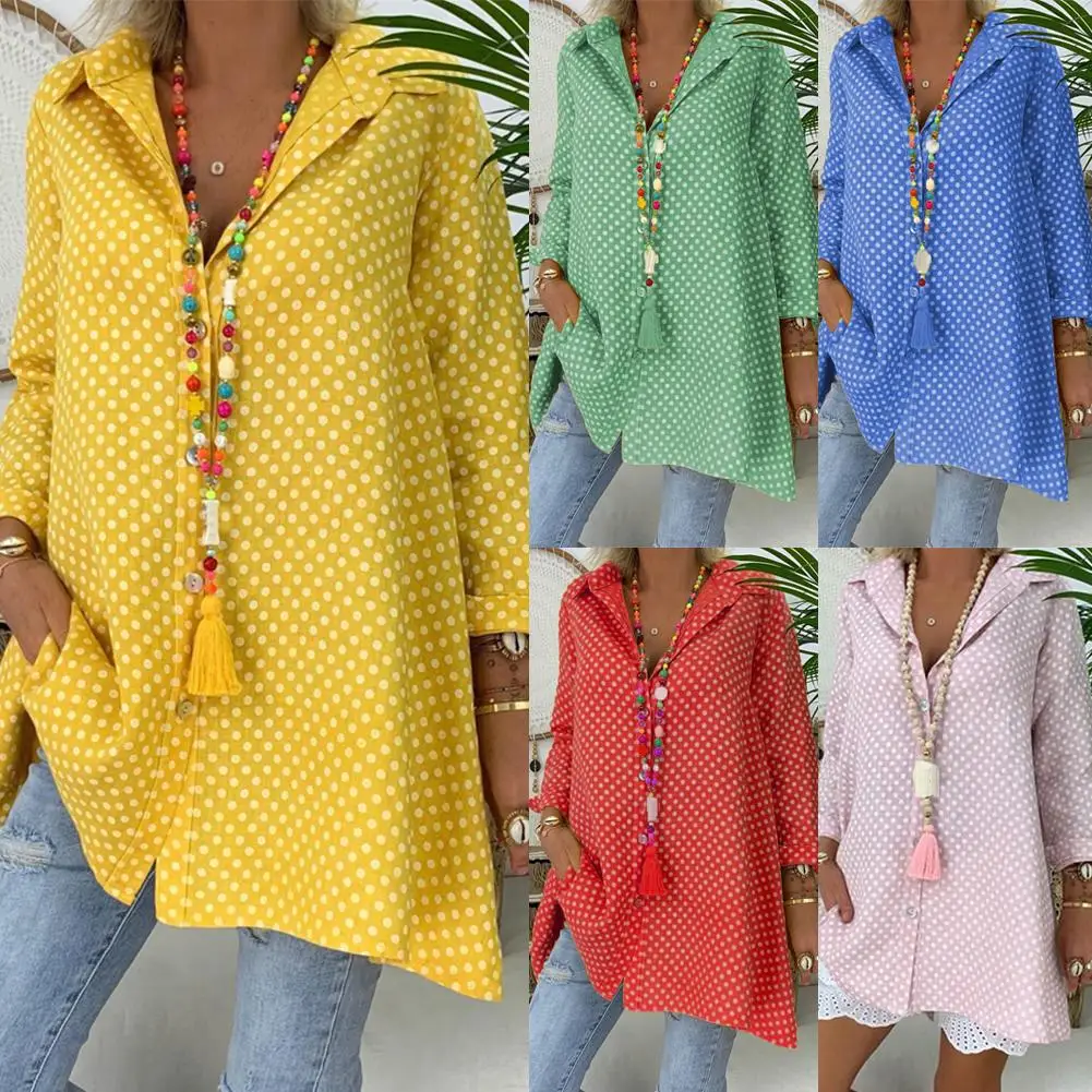 

Women Casual Long Sleeve Turn Down Collar Polka Dot Print Button Loose Shirt