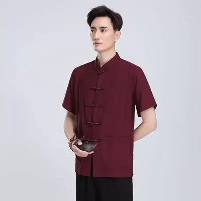 

Men Blue Tang Tops Novelty Cotton Linen Mandarin Shirt Classic Short Sleeve Soft Vintage Male Large Size 3XL Kong Fu Clothing