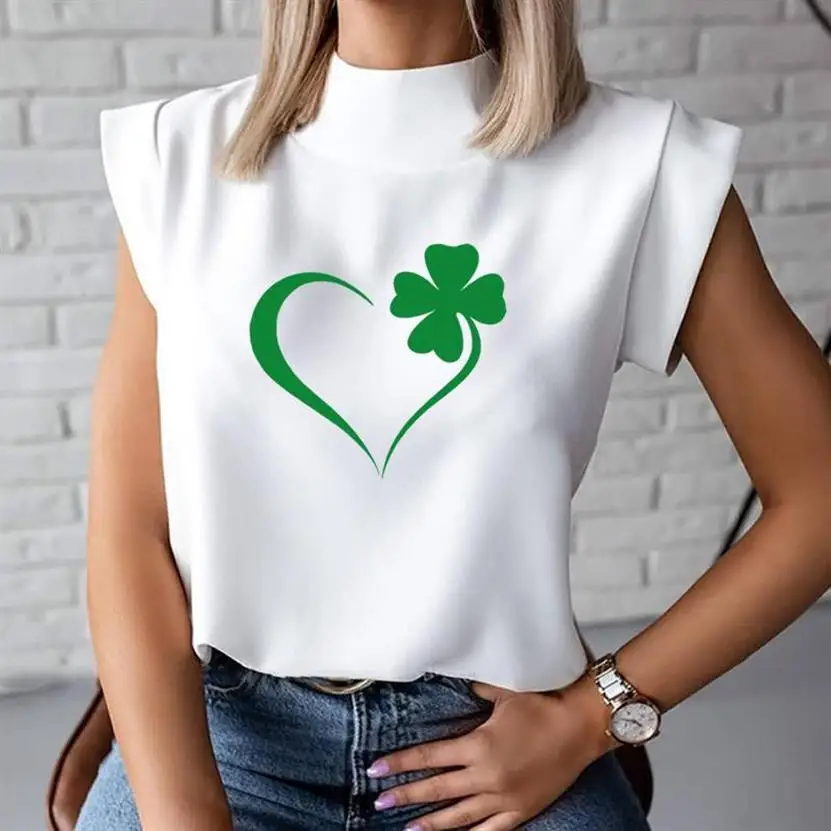 

2021 Fashion Women Elegant Heart Irish Four-leaf Clover Blouse Shirts Summer Ladies Office Casual Stand Pullovers Blusa Tops
