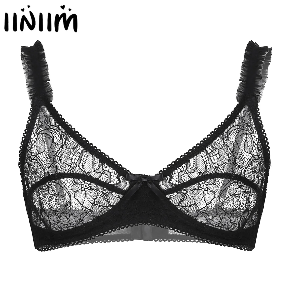 Mens Adult Erotic Sissy Floral Lace Lingerie Bralette Adjustable Spaghetti Straps Wire-free No Padded See Through Sheer Bra Tops |