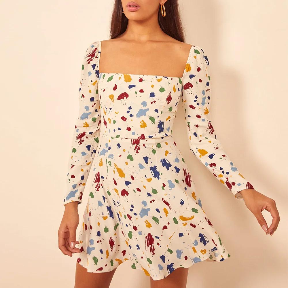 

Dress Woman 2020 Spring Summer Painted Print Vintage Dress Square Neck Long Sleeve Fit And Flare Mini Dresses For Women Clothes