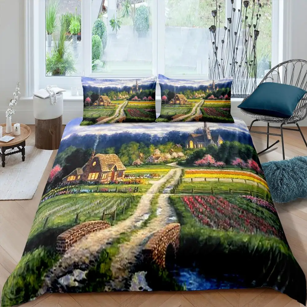 

Naturally Hill River Scenery Bedding Set Queen 3D Printed Duvet Cover Bedclothes 2/3pcs Home Textiles High Quality Bedspread