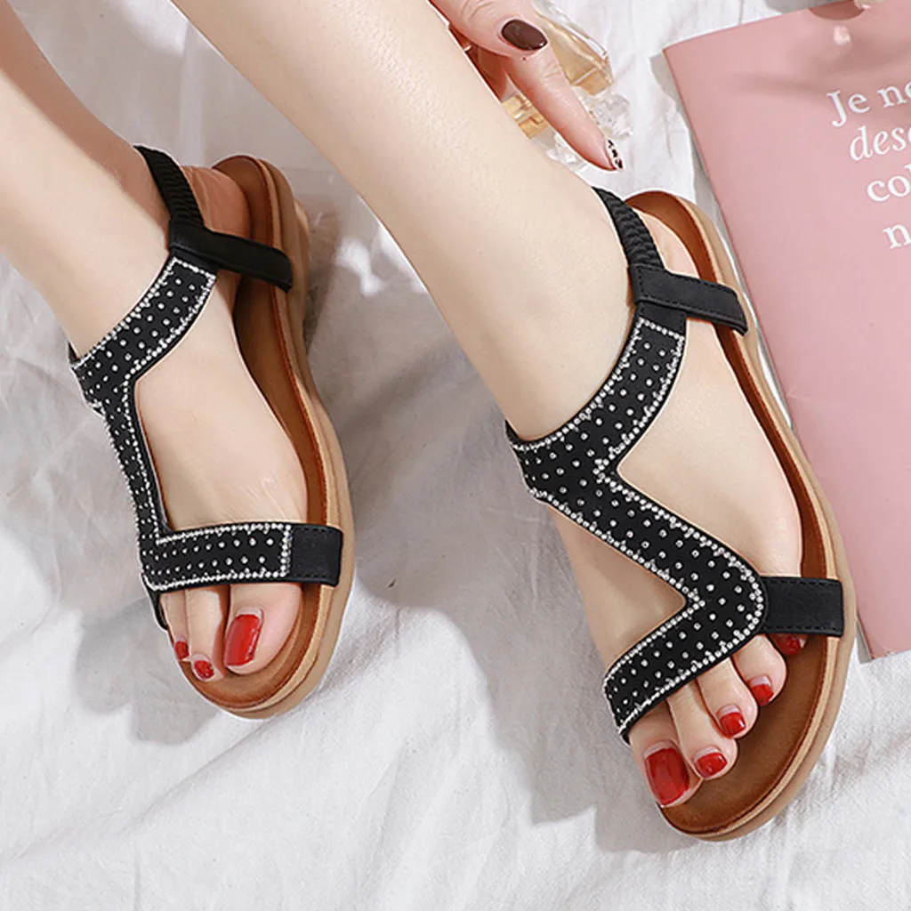 

Women's Bohemian Sandals Fashion Rhinestone Elastic Band Flat Beach Shoe Woman Casual Open-Toe Summer Sandals Buty Damskie 2020