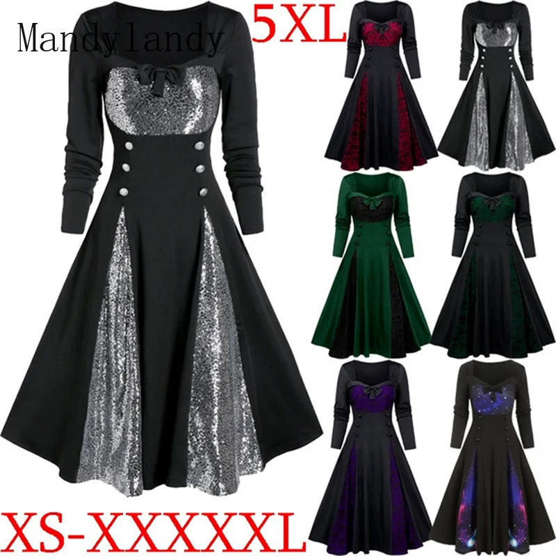 

Mandylandy Women Fashion Long Dress Halloween Gothic Clothes Skull Lace Splicing Button Bowknot Dress Robe