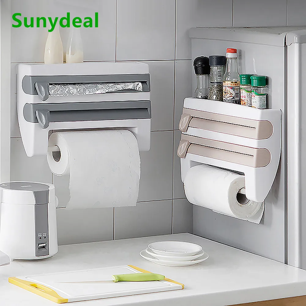 

Kitchen Organizer Plastic Wrap Cutting Paper Towel Holder Cling Film Cutting Holder Sauce Bottle Tin Foil Paper Storage Rack