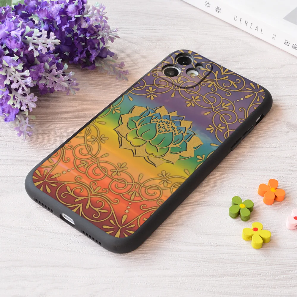

For iPhone Rainbow Mandala With Lotus Flower Print Soft Matt Apple Case