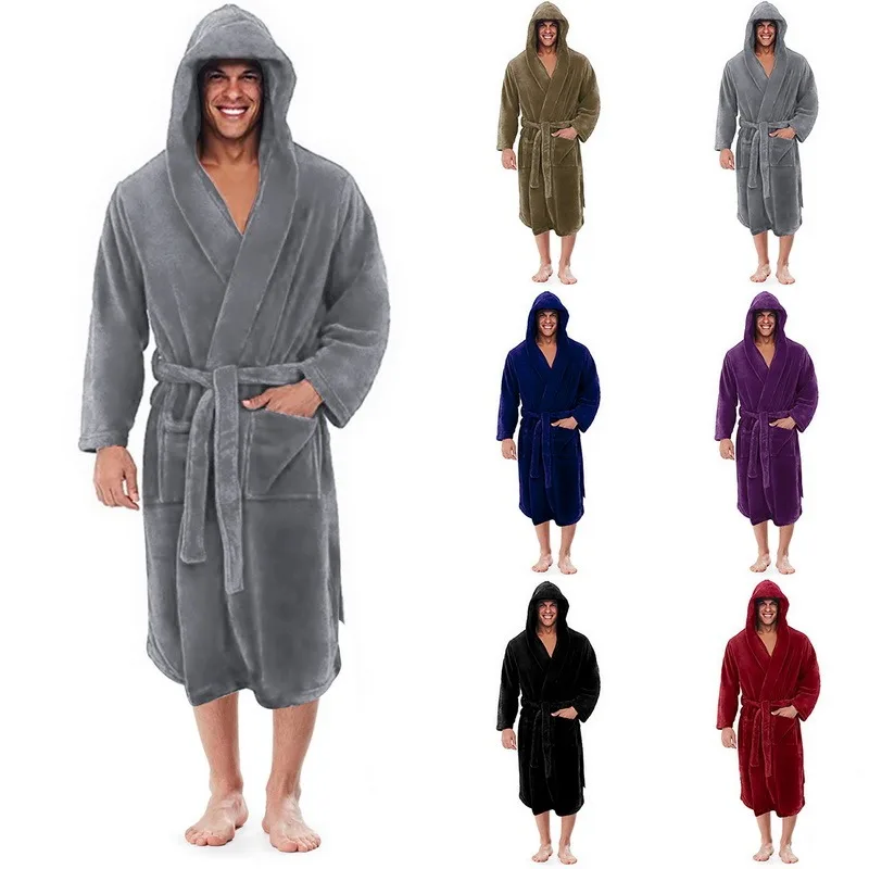 

Men Flannel Bath Robe Sleepwear 2021 Autumn Winter Solid Plush Bathrobe Thick Warm Robe Men Solid Hooded Bathrobe 3 Styles