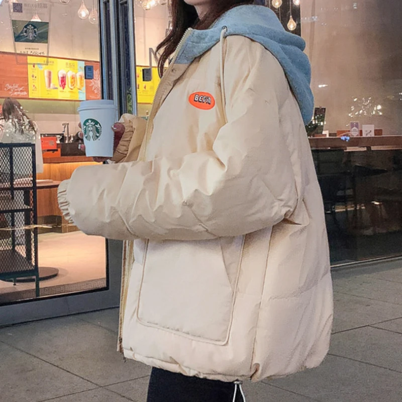 Women Korean Style Loose Winter 2023 New Fake Two-piece Hooded Tops Coats Thick Bread Jacket Short Down Cotton Parkas Overcoat