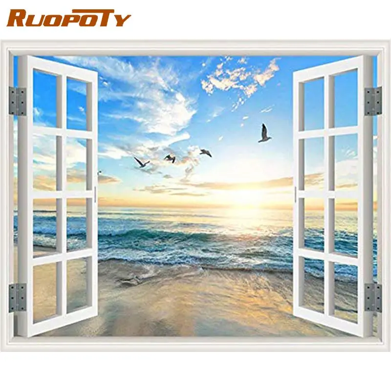

RUOPOTY 5D Full Drill Diamond Painting Seaside Cross Stitch Handicraft Diamond Embroidery Landscape Window Mosaic Beach Wall Art