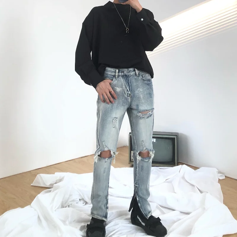 

Ripped Jeans Mens High Street Fashion Hip Hop Slim Fit Skinny Jeans Man Pencil Pants Retro Washed Zipper Scrape Pants Denim