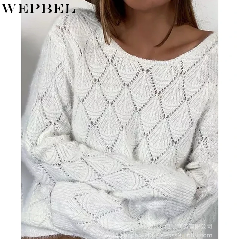 

WEPBEL Casual Solid Color Sweater Women's Hollow Out Sweater Autumn Fashion Long Sleeve V-neck Backless Sweater