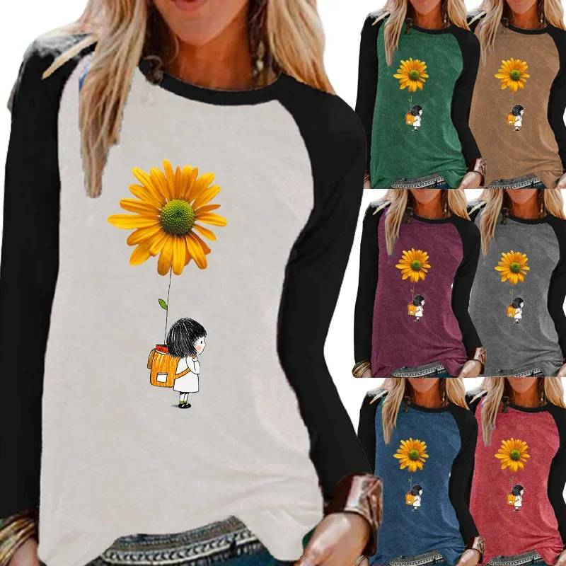 

Autumn Women's New Fashion Casual Round Neck Loose Daisy Print Long-sleeved Shirt Women's Raglan Sleeves Plus Size T-shirt