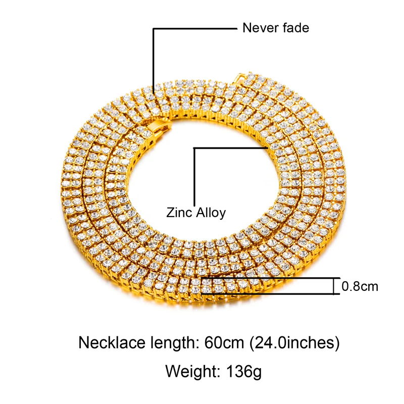 2 Row CZ Iced Out Rhinestone Bling Tennis Chain Necklace Choker Micro Pave Cubic Zircon Copper Gold Filled 30inch Hip Hop | Украшения и