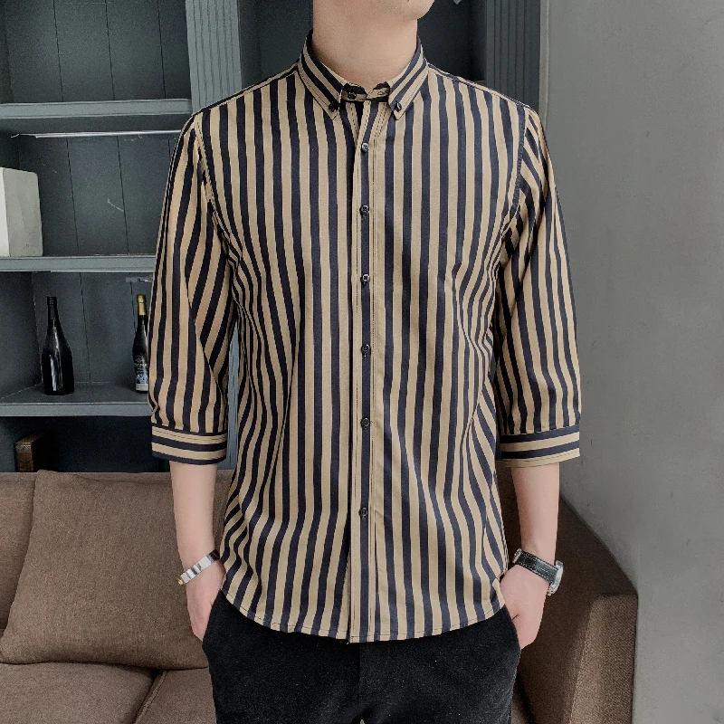 

Casual 2021 spring / summer fashion stripe printed shirt medium sleeve Lapel button shirt business men's top street wear