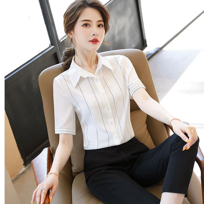 Striped Printed OL Women Blouses Shirts Lady Turn-down Collar Office Work Wear Short Sleeve Summer Style Blusas Tops
