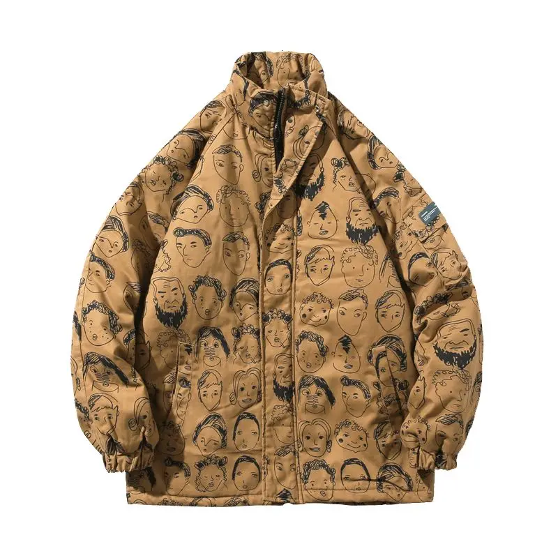 

Men's Winter Jacket Thicken Fashion Stand-collar Cotton Trend Hip-hop Element Printed Cartoon Avatar Windproof Warm Padded Coats