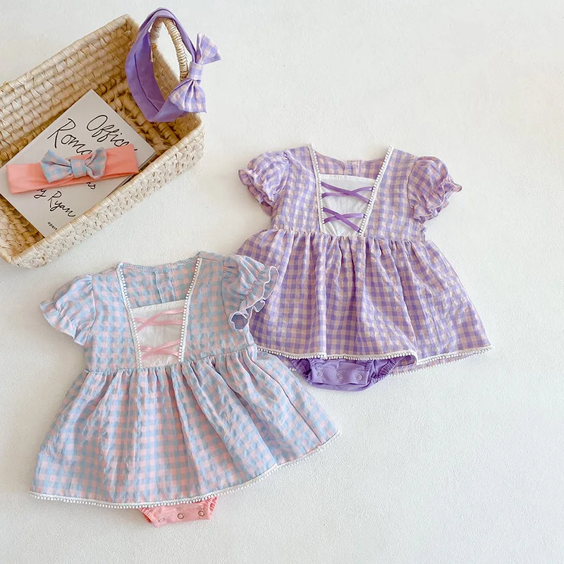 

WLG Girls Plaid Rompers Baby Clothes Summer Short Sleeve Ruffle Bow Romper with Headband Toddler Girl Casual Clothes for 6-24M