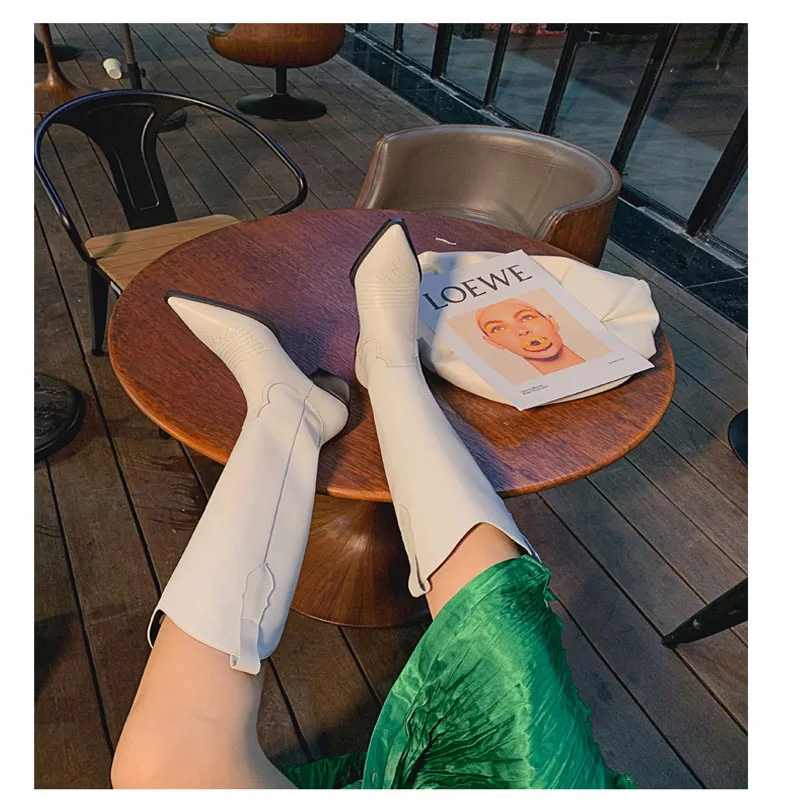 

Western Cowboy Boots Woman Pointed Toe Thick-heel Long Boots Genuine Leather Square Heel High-heel Black White Green Sexy Boots