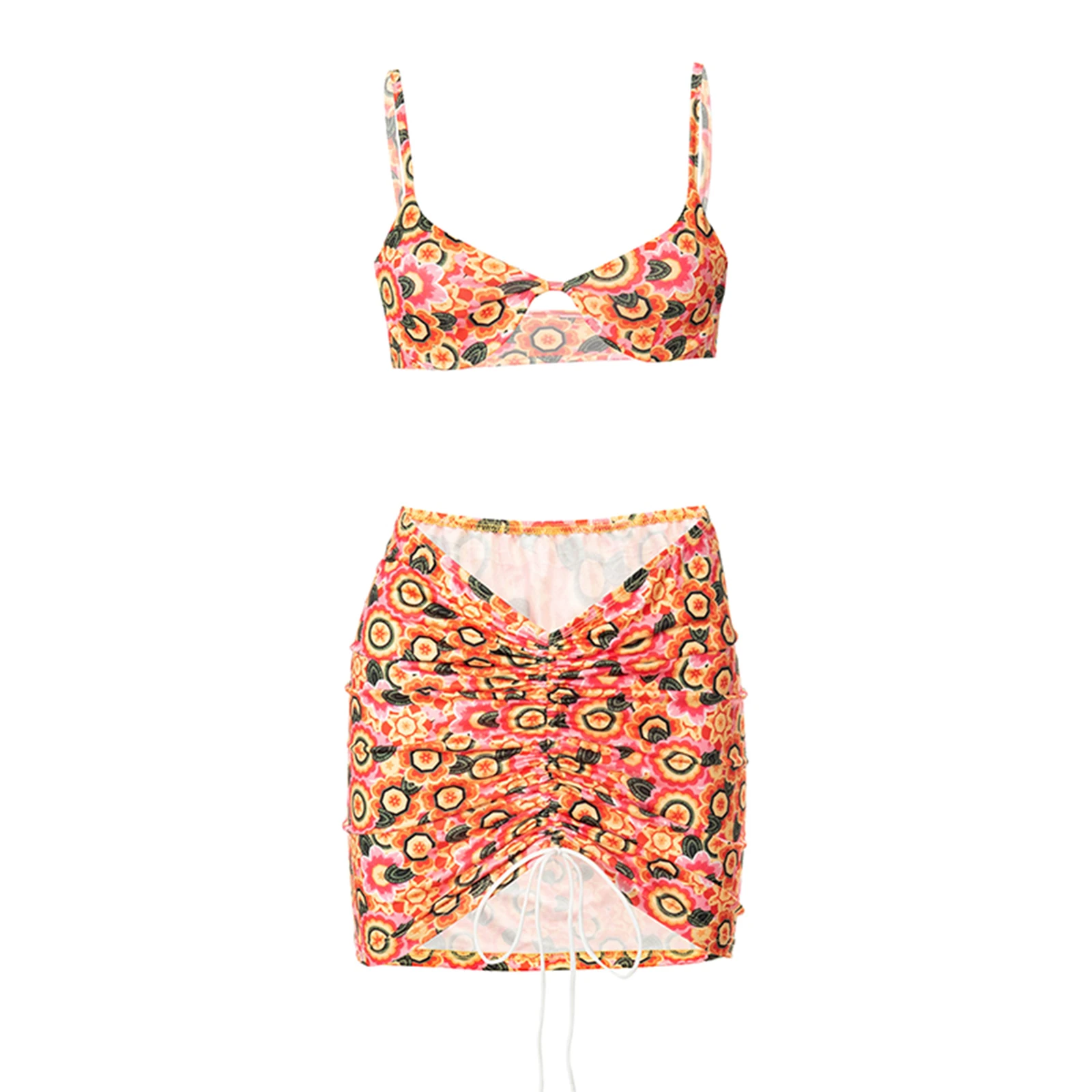 

2 Pieces Swimwear Set Female Flower Print Spaghetti Strap Bikini Tops+ Package Hip Skirt with Drawstring Women Sexy Swim Wear
