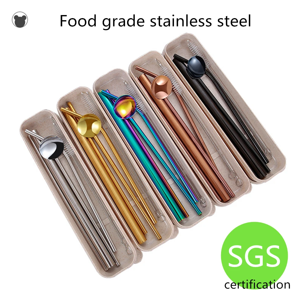 

304 Stainless Steel Straws Metal Straight Bent Drinking Straw Reusable With Case spoon Cleaning Brush Set Party Bar accessory