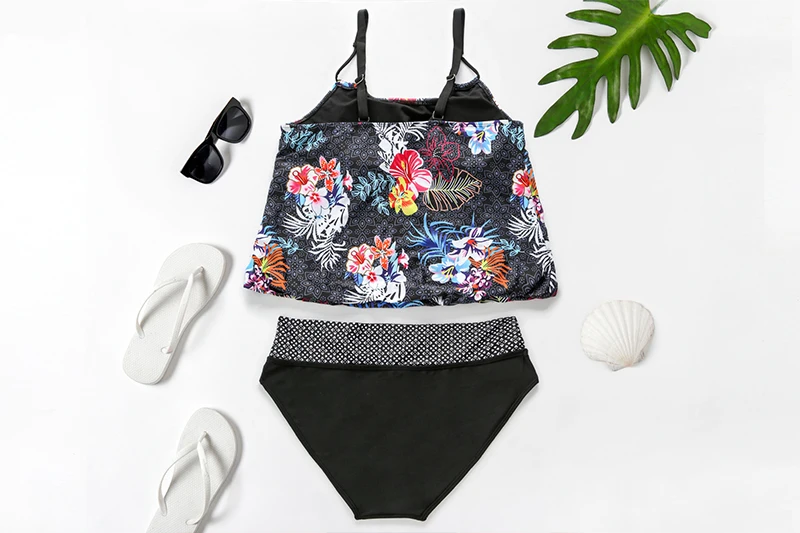 

Luren Plus Size Swimwear 4XL Printed Tankini Suit Oversize Ladies Swimwear Suit Two-piece Split Tights 2021