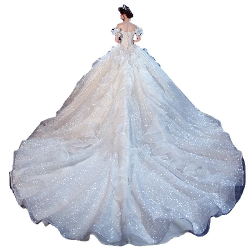 

2021 NewTemperament Main Wedding Dress Sen Is The New Small Bride Big Drag Tail Super Fairy Star Sky Shoulder Dreamy