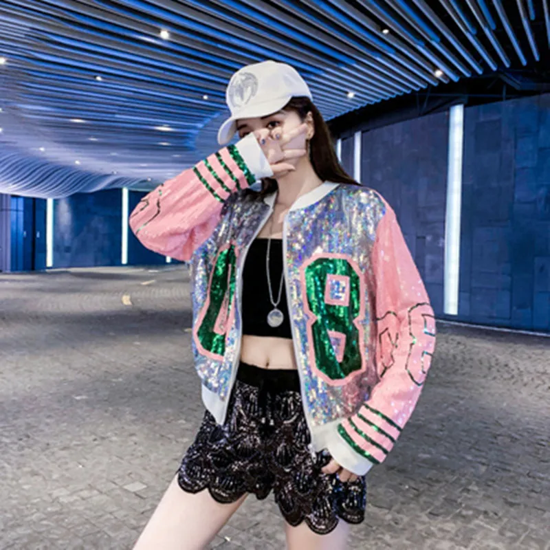 Veste Femme printemps новые блестки с длинным рукавом О-образным вырезом 08 модные куртки с блестками на молнии Женская шикарная Клубная верхняя одежда и пальто