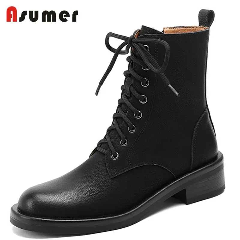 

ASUMER 2022 New Arrive Low Heels Vintage Casual Shoes Women Ankle Boots Round Toe Cross Tied Zip Genuine Leather Boots Women