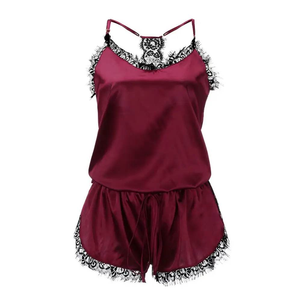 Женская пижама Сексуальный Атласный пижамный комплект Черная кружевная Пижама с