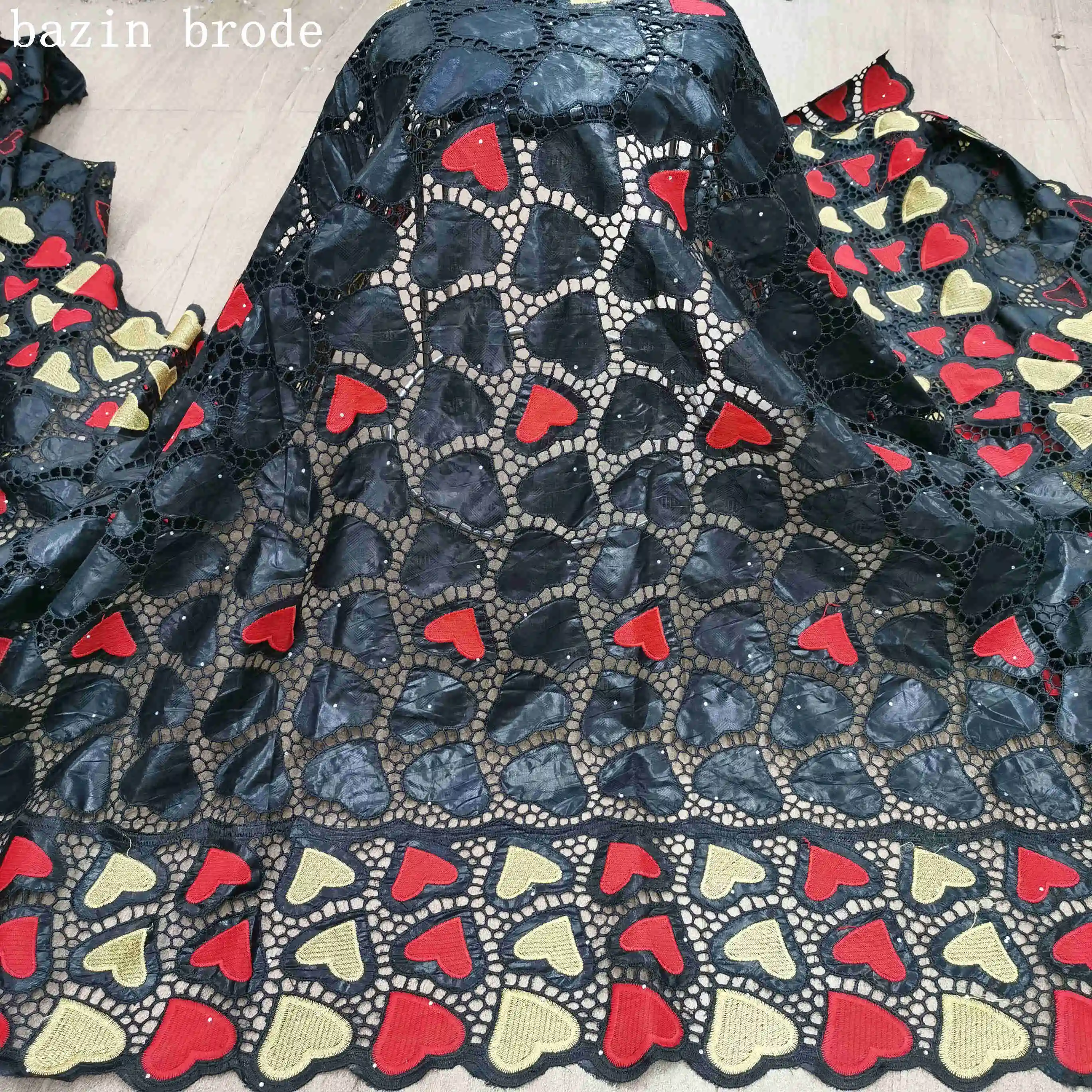 

Yellow African bazin riche fabric with brode Latest fashion embroidery bazin lace fabric with net lace 5 yards