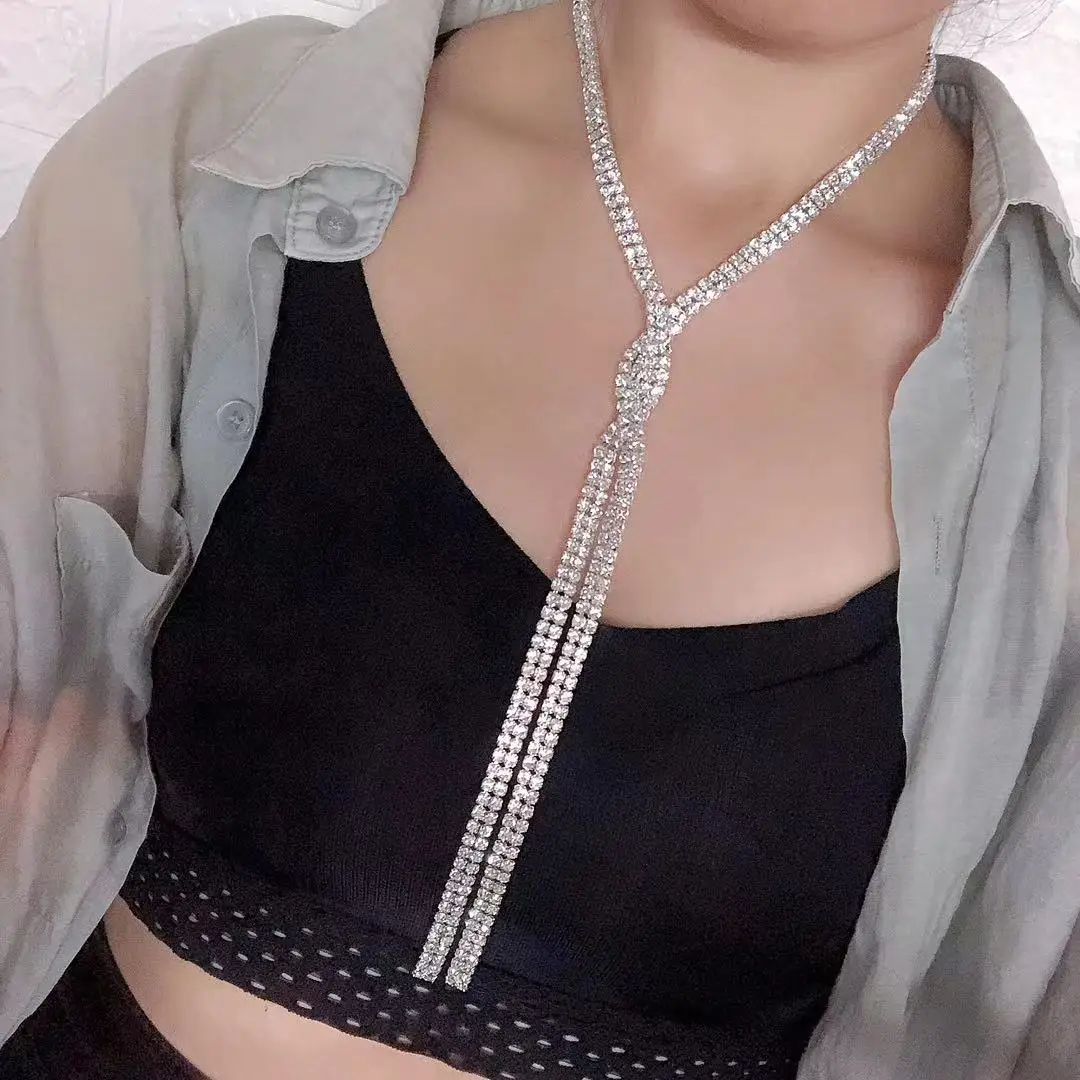 

2021 fashion shiny Rhinestone Necklace women's long tassel Cross Crystal Necklace statement jewelry accessories gift wholesale