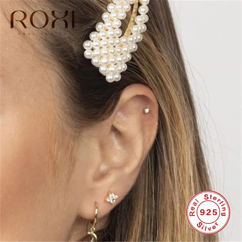 ROXI 925 пробы серебряные геометрические круглые серьги-гвоздики с фианитом для