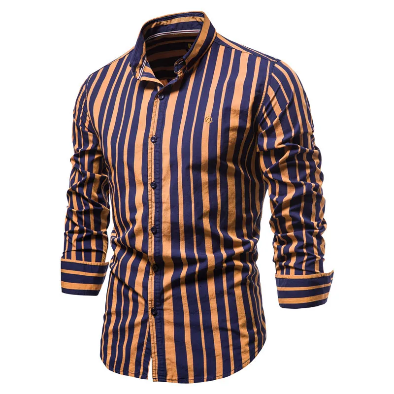 

2021 Spring Men Shirts Quality Cotton Men's Shirts Long Sleeve Casual Business Shirts with Stripes and Embroidery Men Clothing