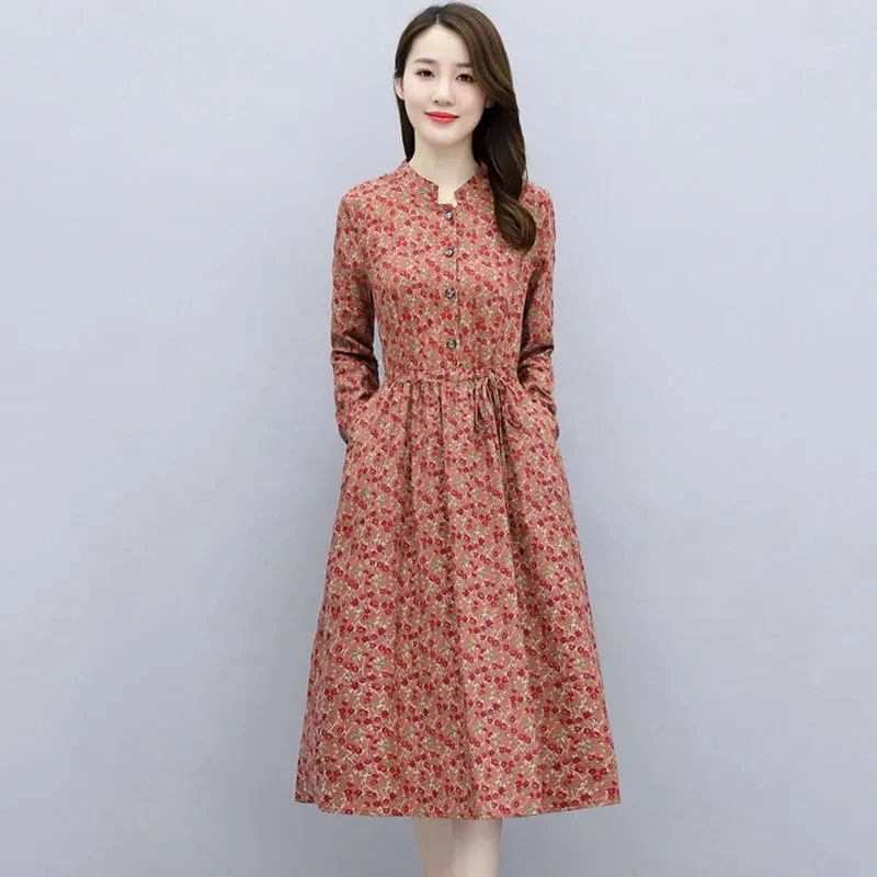 

Prairie Chic Printing Lace-up floral Dress women Fashion elegant cottons Dress Ladies spring Korean slim unlined Dresses