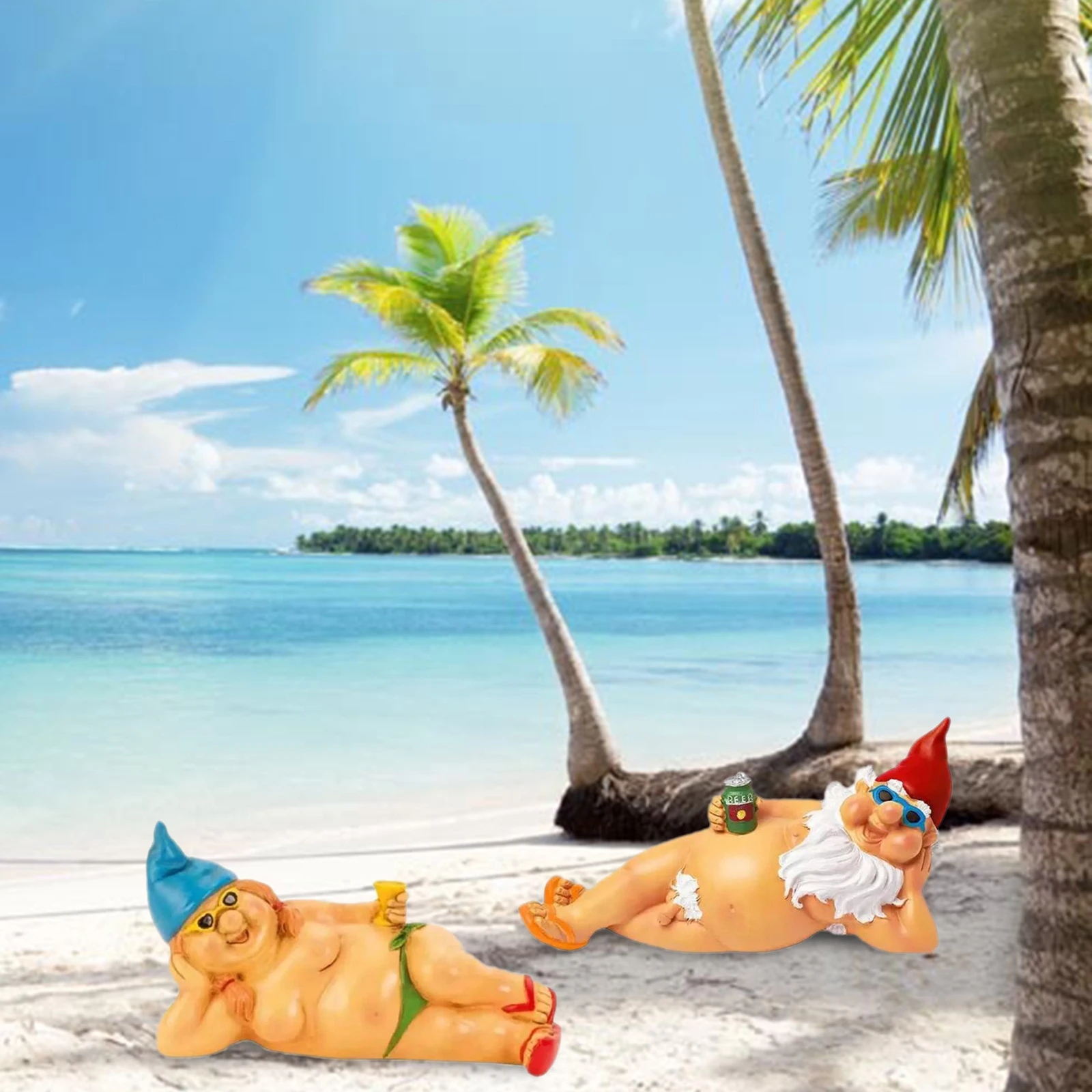 

2Pcs Garden Gnome Statue Beach Pose Dwarf Resin Sculpture Indoor Lawn Decor