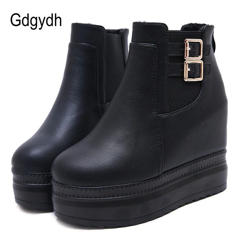 Gdgydh/модные женские ботинки на танкетке с пряжкой черная кожаная обувь молнии