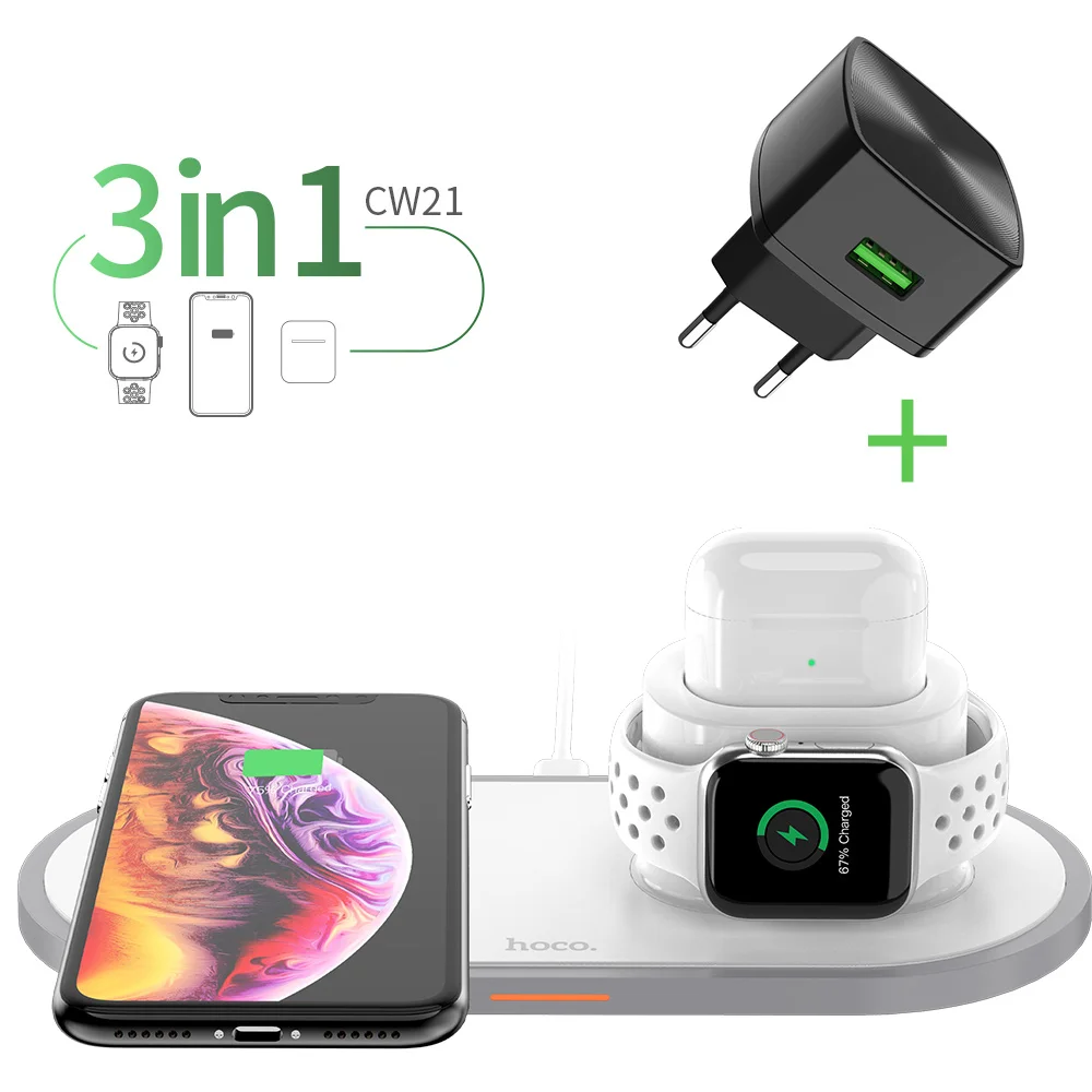 3 in 1 HOCO 3 в 1 Qi Беспроводное зарядное устройство для iPhone 11 pro X XS Max XR для Apple Watch 4 3 2 Airpods 10 Вт Быстрая зарядка для samsung S10 - Тип штекера: 3 in 1