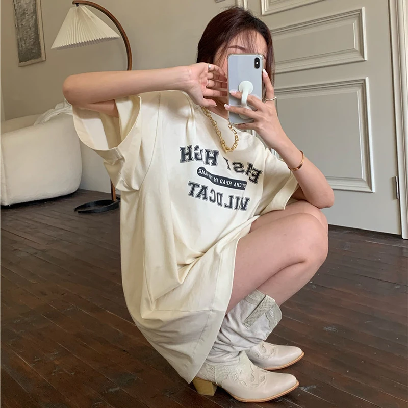 

3 Sizes M-xl Apricot Fashion Loose Oversize Chic Letter Printed All Match Spring Summer Women Female Top T-shirts