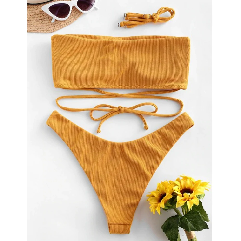 

Female Two Pieces Bikini Set Bather Bathing Suit Beachwear 2021 New Sexy Bandeau Bikini Push Up Swimwear Women Bandage Swimsuit