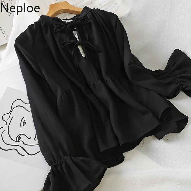 Neploe, Ретро стиль, свободная, однотонная, на шнуровке, с бантом, дизайнерская блузка, для женщин, с круглым вырезом, расклешенная, с длинным рукавом, Blusas Mujer, на осень и весну, праздничная, новая рубашка
